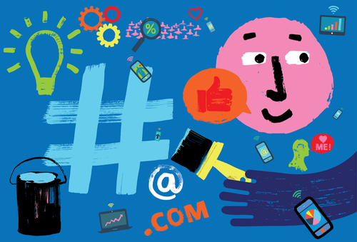 Azubimarketing, Cartoon-Gesicht, Symbole für soziale Medien und Wireless-Geraete, Handfarben Hashtag, Grunge-Textur, blauer Hintergrund, Illustration, Generation Z, Marketing, Moin Future, Ausbildung in der Region